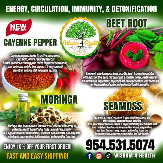 Cayenne Pepper, Moringa, Sea moss, Beet Root